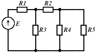 Пример схемы разветвленной электрической цепи с 4-мя геометрическими и 3-мя потенциальными узлами